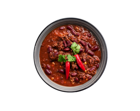 Bowl of chili con carne, with red chili peppers. Delicious spicy food. Overhead top down view, isolated on a transparent background.