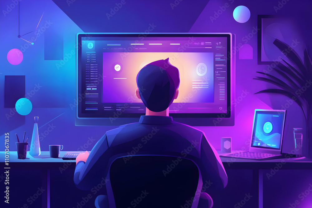 Poster A person working at a computer setup with vibrant lighting and digital interface.