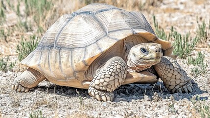 Obraz premium Sulcata Tortoise Walking Across Dry Ground