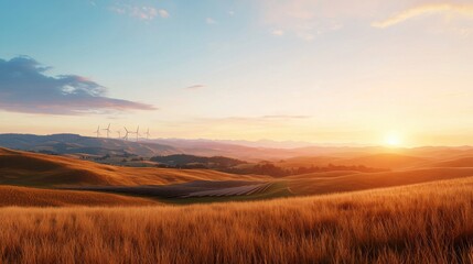 Fototapeta premium A detailed shot of wind and solar farms harmoniously integrated, emphasizing renewable power distribution during peak times, with copy space