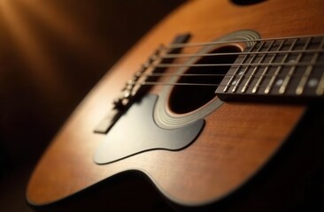 Fototapeta premium A closeup of an acoustic guitar against a dark background