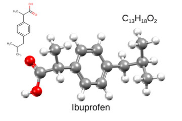 Structure of ibuprofen, a common non-steroid anti-inflammatory drug. Chemical formula, structural formula and 3D ball-and-stick model