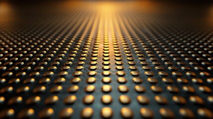 Golden dots on dark surface, bright light pathway.