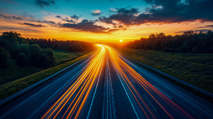 Obraz premium Golden sunset casts vibrant colors over a highway, with light trails from vehicles emphasizing movement and the surrounding green landscape