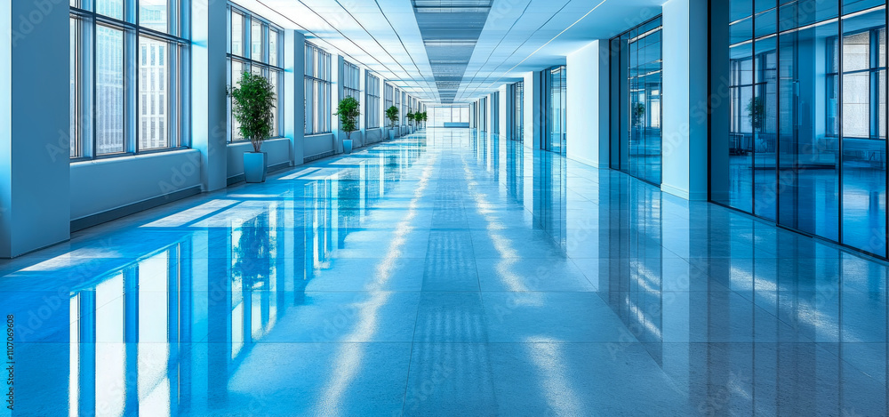 Poster bright and spacious hallway features polished floors and large windows, creating a serene atmosphere