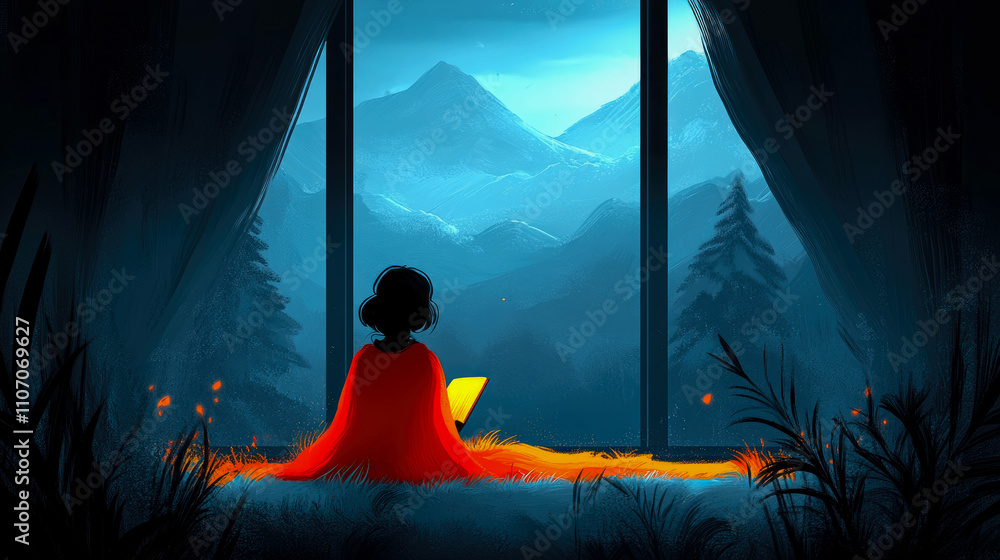 Aufkleber a figure wrapped in a red cloak enjoys a book by a window, surrounded by mountains and a tranquil ni