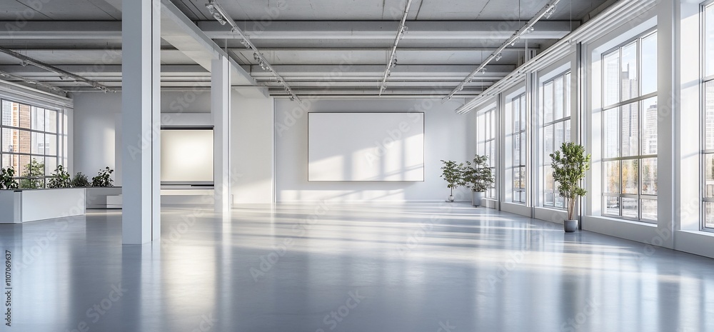 Poster bright, spacious interior with large windows and minimalistic design.