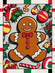 A festive gingerbread cookie surrounded by colorful holiday decorations.