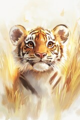 Obraz premium Young tiger cub in a natural setting with dry grass and a white background, rendered in watercolor style. Ideal for greeting cards, posters, or nature-inspired designs..