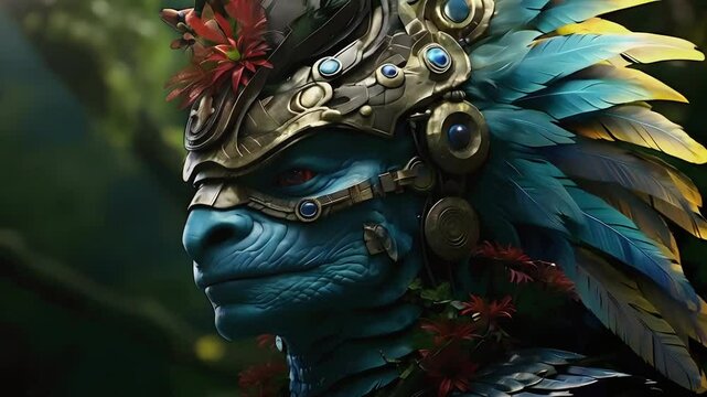 Video recreation of ancient Mesoamerican indigenous warrior hybridized with the deity of the feathered serpent