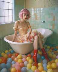 A fashion portrait of a young and confident woman in a modern dress sitting in a bathtub surrounded by many colorful balls, with cheerful colors in the style of famous fashion designers