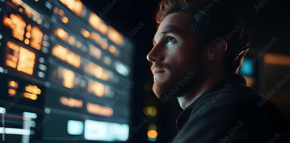 Poster A focused individual analyzes data on a large screen in a dimly lit environment.