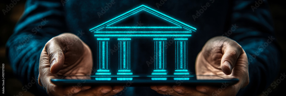 Aufkleber two hands support a tablet with a glowing holographic image of a classical building, representing th
