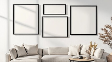 Empty photo frames with glossy black metal frames hang on white wall in modern living room. Photo frames are of different sizes, forming a balanced composition. Living room with minimalist furniture,