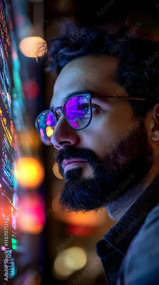 Poster A man gazes thoughtfully at a colorful display, reflecting on data or technology.