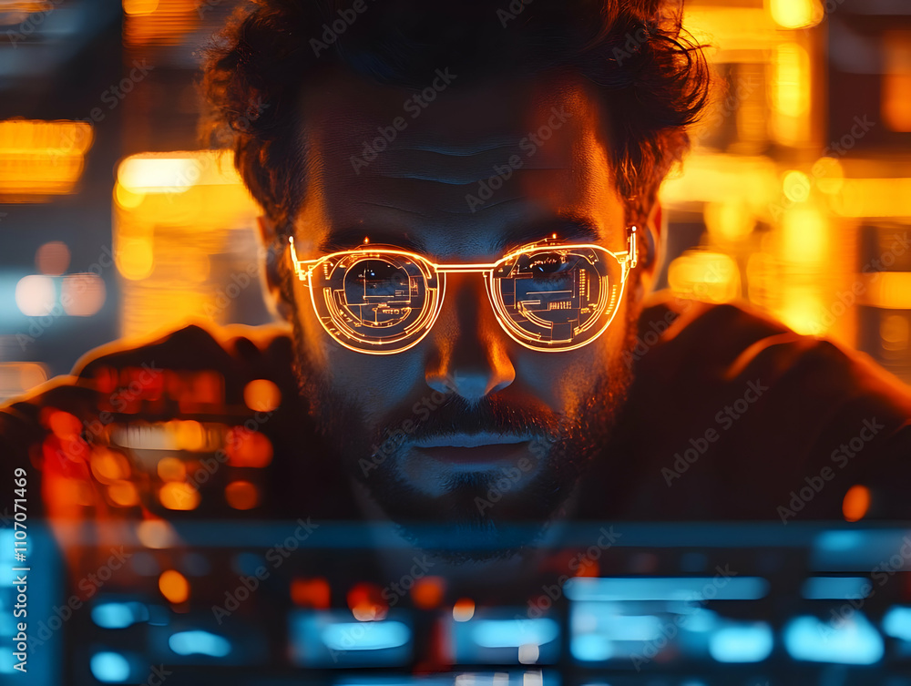Poster A focused individual with illuminated glasses in a tech environment, emphasizing digital data.