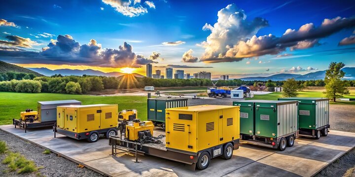 Panoramic View of Various Industrial and Portable Electric Power Generators Including Diesel, Standby, and Trailer-Mounted Units for Diverse Power Solutions