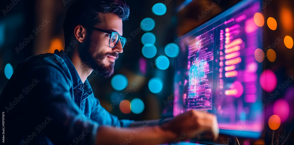 Poster A man working intently on a computer screen filled with colorful coding and digital graphics.