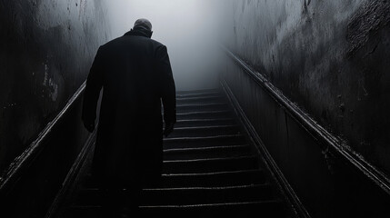 A shadowy figure dressed in a long coat climbs a worn staircase shrouded in fog, creating an eerie atmosphere at twilight