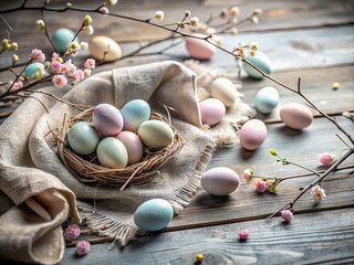 Obraz premium Pastel-Colored Eggs on a Rustic Concrete Table for Easter Celebration - Perfect for Cards, Posters, Banners, and Invitations in a Natural Holiday Setting