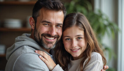 Obraz premium Sweet beloved little daughter girl whispering at fathers ear, sharing secret. Happy daddy listening to sweet kid, hugging, holding preschool child in arms on home couch, laughing, enjoying fatherhood