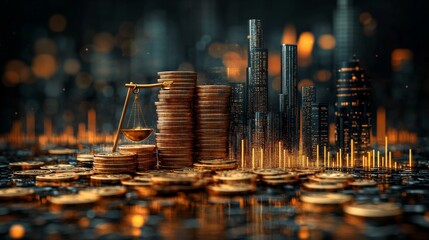 Lever device, gold coins, weight and balance scale, financial chart, rising arrow, city skyline, gold and silver tones, dynamic lines, money bag, AI Generative