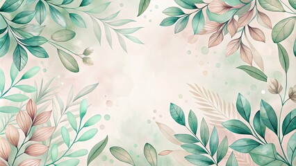 Serene watercolor botanical frame with delicate leaves and branches in pastel green and beige hues
