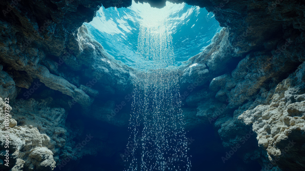 Poster clear water cascades through a submerged cave, with bright sunlight creating captivating patterns an