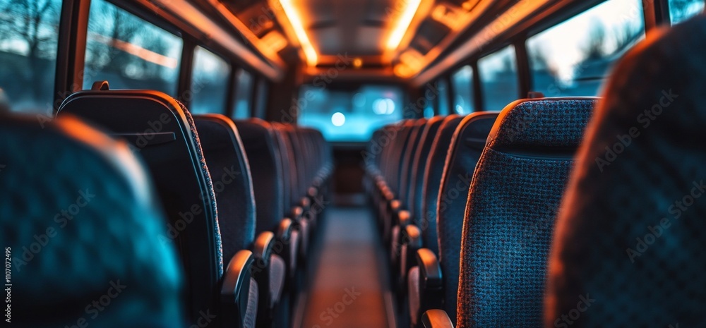 Aufkleber interior view of a bus with empty seats and ambient lighting.