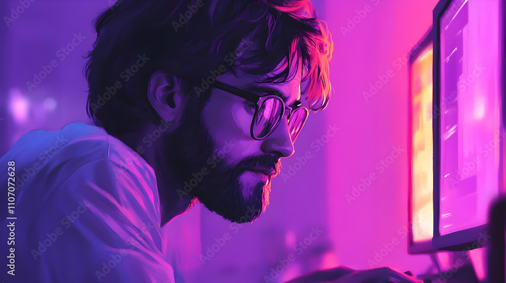 Poster A focused individual working at a computer, illuminated by colorful lights.