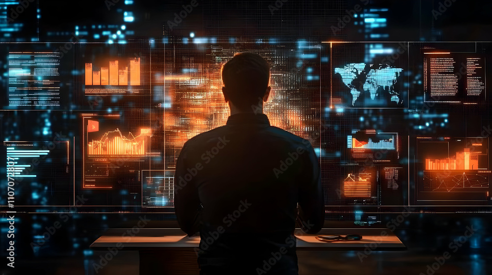 Poster A person analyzes data on multiple screens in a high-tech environment.