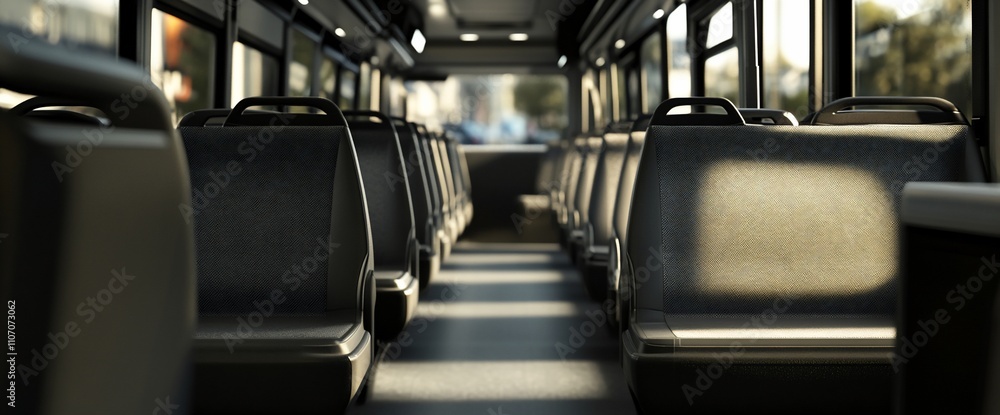 Aufkleber interior view of a bus with empty seats and natural light.