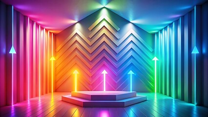 Abstract Colorful Neon Room with Hexagon Podium and Upward Arrows
