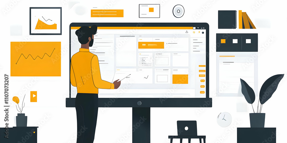 Poster A person interacting with a large screen displaying data and charts in a modern workspace.