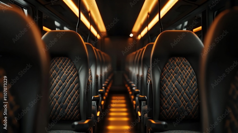Poster interior view of a modern bus with stylish seating and ambient lighting.
