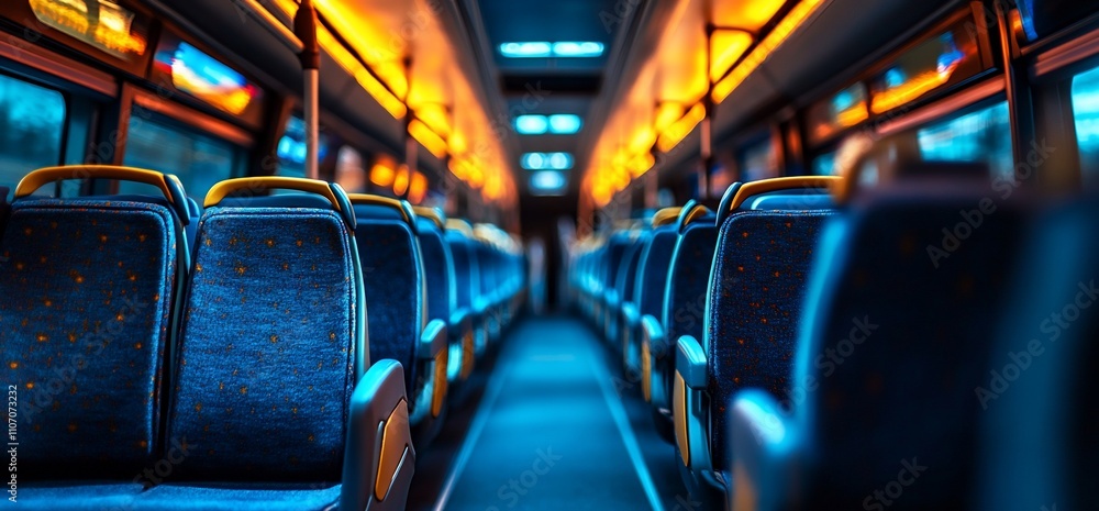 Poster Interior view of a bus with empty seats and warm lighting.