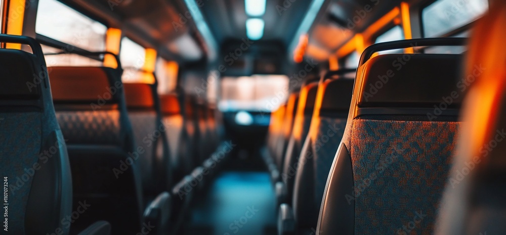 Poster interior view of a bus with illuminated seats and a focused perspective.