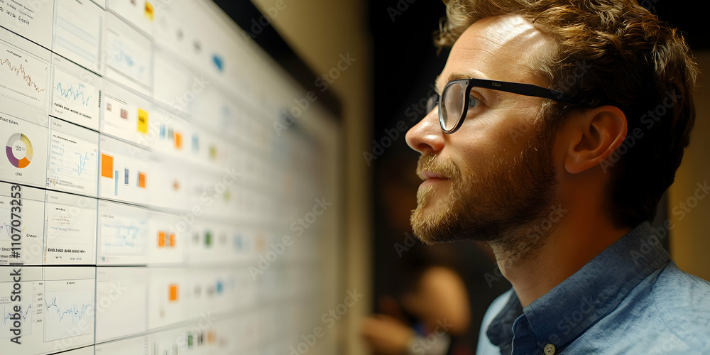 Leinwandbilder A man observes data visualizations on a screen, reflecting engagement with analytics.