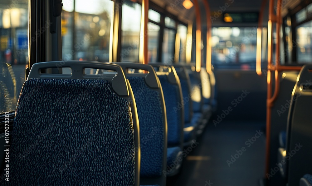 Poster interior view of a bus with empty seats and warm lighting.