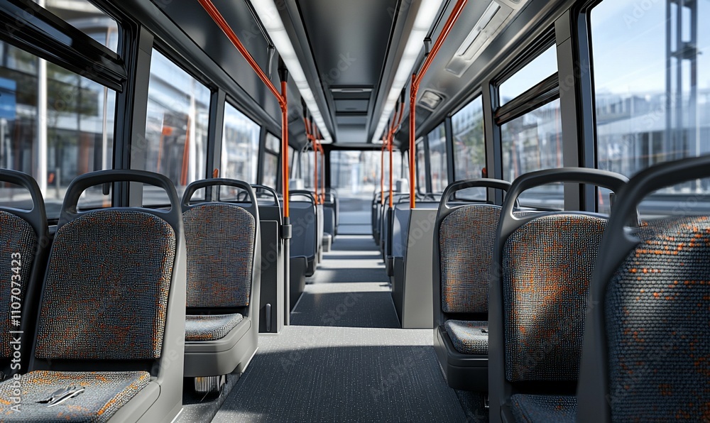 Poster interior view of a modern bus showcasing seating and design.