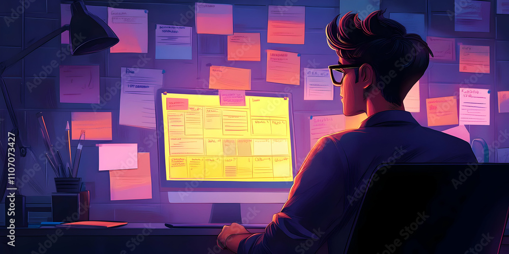 Poster A person working at a desk, surrounded by notes, focused on a glowing computer screen.