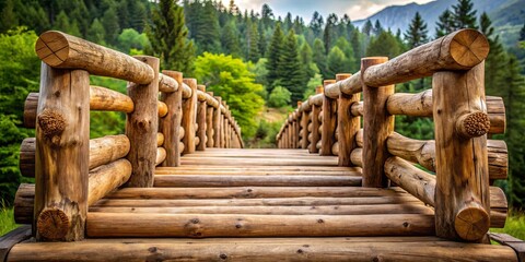Obraz premium Rustic Wooden Footbridge Leading Through a Lush Green Forest