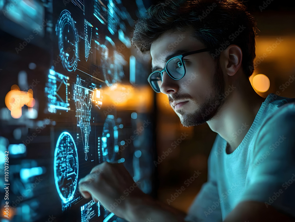Poster A focused individual interacting with a digital interface displaying data and graphics.