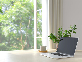 Fototapeta premium A modern remote home office with desk with a laptop, cup of tea, and plants, with a large window opening to a lush green park