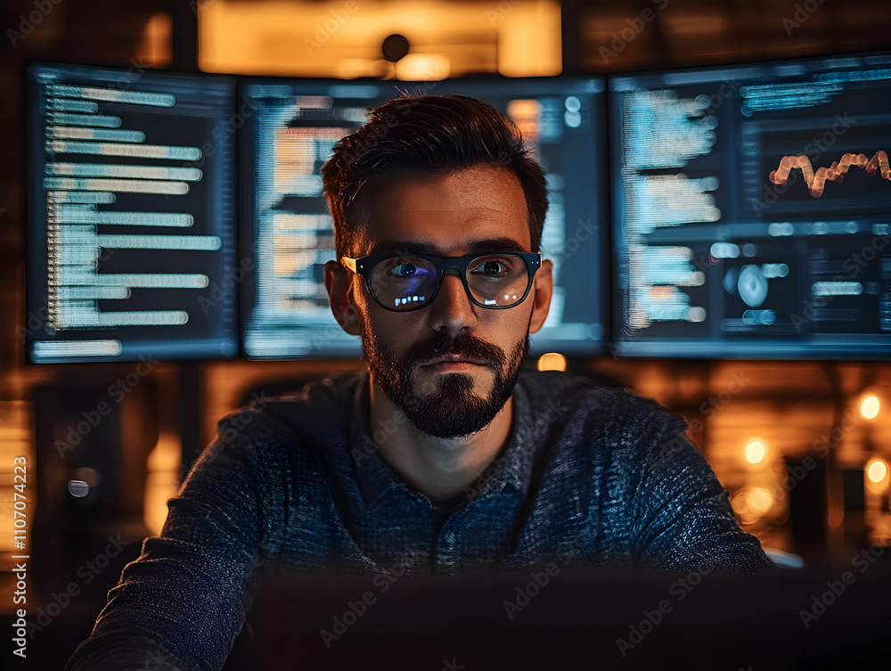 Poster A focused individual working on programming tasks with multiple monitors displaying code and data.