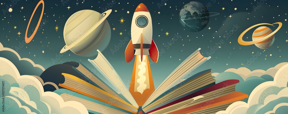 Poster rocket launching from an open book into space