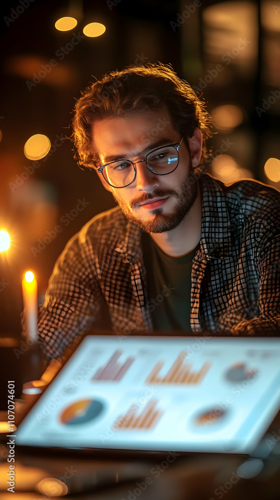 Poster A focused individual analyzing data on a tablet in a dimly lit environment.