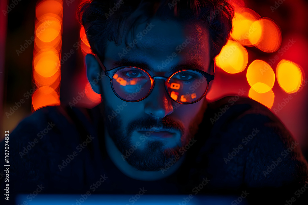 Poster a focused man with glasses, illuminated by colorful lights, gazes intently at a screen.