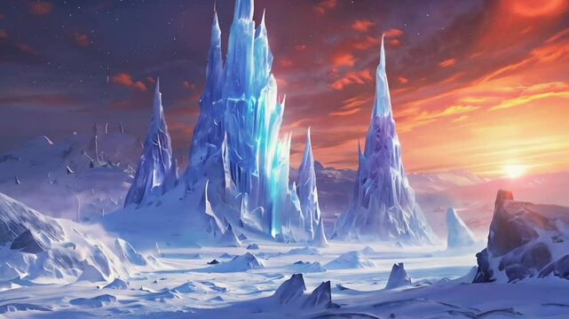 A frozen alien tundra where towering ice spires shimmer in the light of an unusually close, fiery red star.