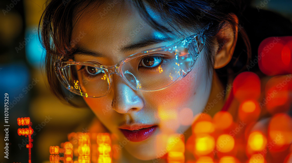 Poster a scientist in protective eyewear studies vibrant data visuals in a modern lab, illuminated by color